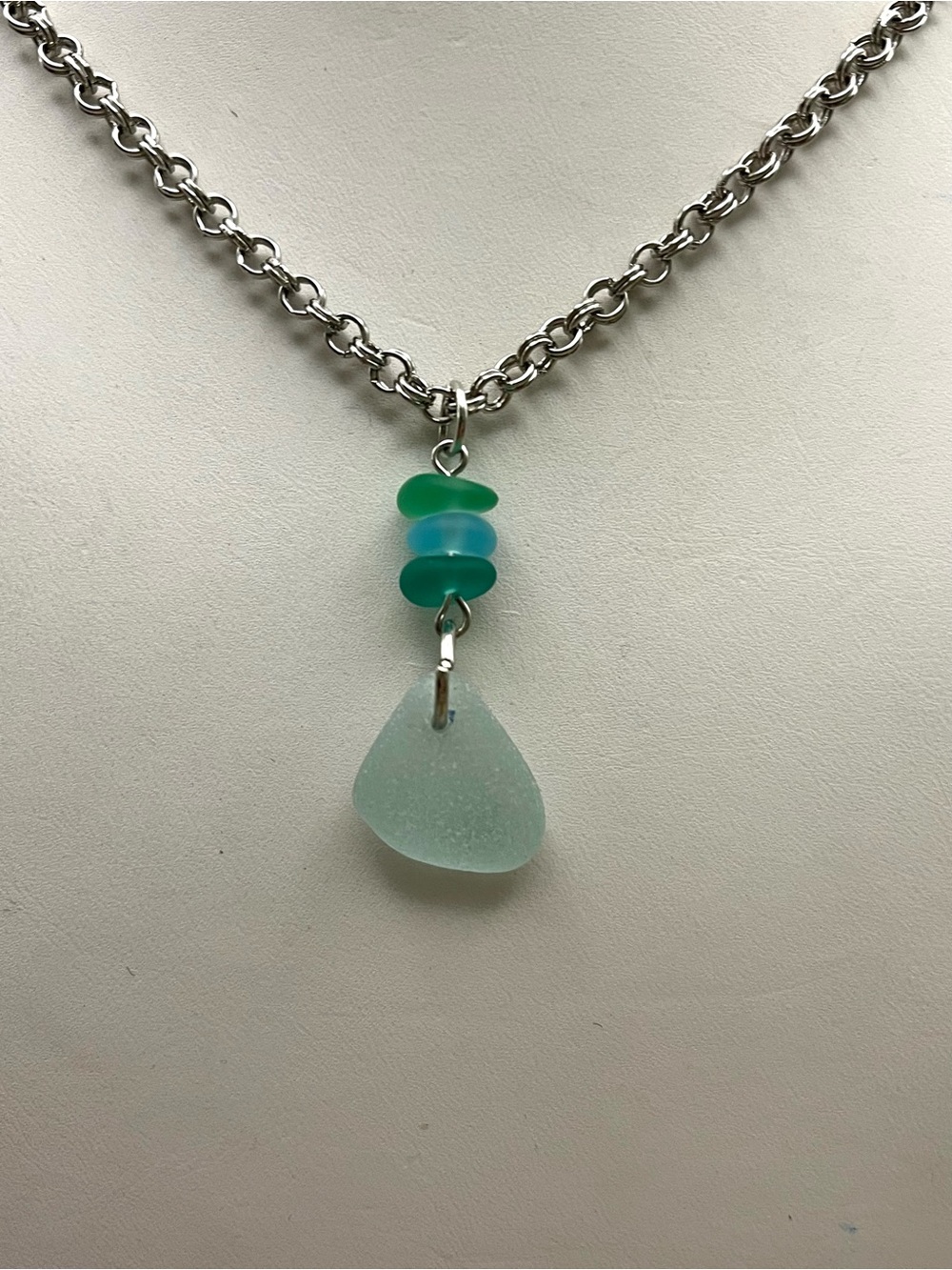 Authentic Handmade Sea Glass Necklace Silver Tone Stacked Pendant